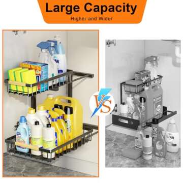Under Sink Organizer and Storage, 2-Tier Pull Out Cabinet Organizers Shelf, Metal Sliding Drawers Shelves for Kitchen Bathroom Closet Organization, 2 Pack