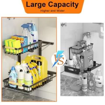 Under Sink Organizer and Storage, 2-Tier Pull Out Cabinet Organizers Shelf, Metal Sliding Drawers Shelves for Kitchen Bathroom Closet Organization, 2 Pack