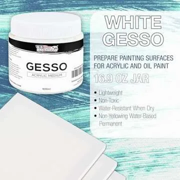 U.S. Art Supply White Gesso Primer for Acrylic Painting - 16.9oz (500ml) Acrylic Gesso Primer for Oi...
