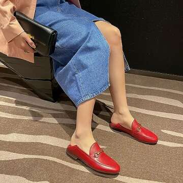 Vertundy Women's Loafers Flats Leather Pointed Toe Work Slip On Mules Red