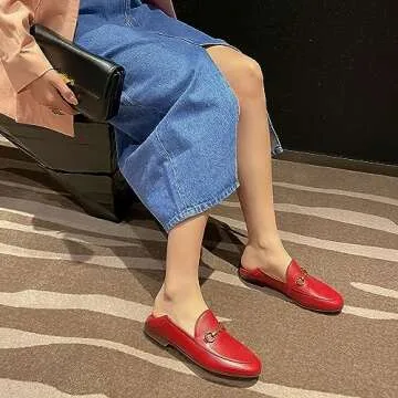 Vertundy Women's Loafers Flats Leather Pointed Toe Work Slip On Mules Red
