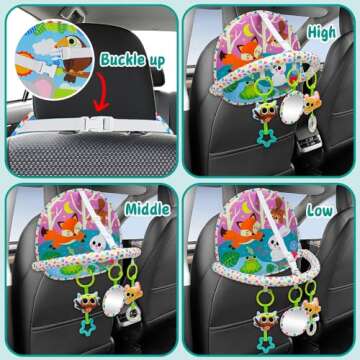 OKOOKO Car Seat Toy Rear Facing Car Seat Toy Baby Travel Toy Double-Sided with Baby Mirror Plush Toys Rattle Teether Thickened Pad Adjustable Sensory Toy for Newborn Baby Infant