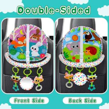 OKOOKO Car Seat Toy Rear Facing Car Seat Toy Baby Travel Toy Double-Sided with Baby Mirror Plush Toys Rattle Teether Thickened Pad Adjustable Sensory Toy for Newborn Baby Infant