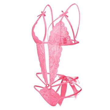Donnalla Lingerie for Women Deep V Lace Teddy One Piece Lingerie Bodysuit Babydoll Teddy Underwear Pink M