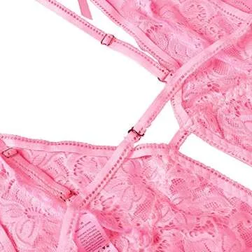 Donnalla Lingerie for Women Deep V Lace Teddy One Piece Lingerie Bodysuit Babydoll Teddy Underwear Pink M