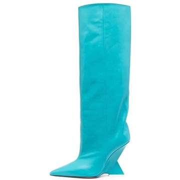 Kluolandi Women's Stylish Knee-High Boots with Wedge Heel - Blue Size 5