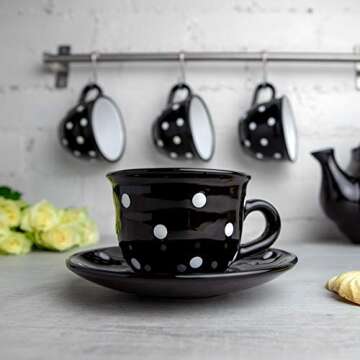 City to Cottage Handmade Black and White Polka Dot Ceramic 8.4oz/250ml | Cappuccino, Coffee, Tea Cup...
