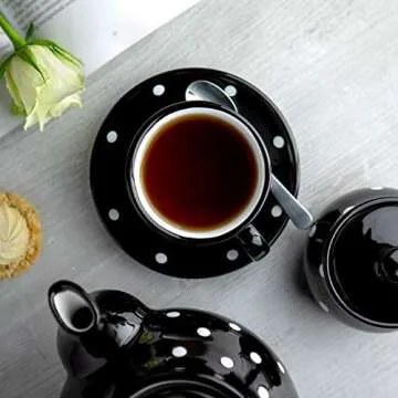 City to Cottage Handmade Black and White Polka Dot Ceramic 8.4oz/250ml | Cappuccino, Coffee, Tea Cup and Saucer, Unique Designer Pottery for Tea Lovers