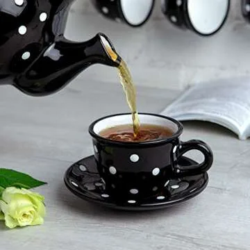 City to Cottage Handmade Black and White Polka Dot Ceramic 8.4oz/250ml | Cappuccino, Coffee, Tea Cup and Saucer, Unique Designer Pottery for Tea Lovers