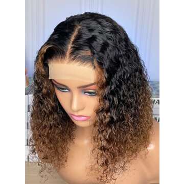 Labhairs Kinky Curly Bob Lace Closure Wigs Human Hair, Highlight Afro Short Bob Transparent Lace Wig Pre Plucked Bleached Knots, Ombre Brown 4x4 Lace Closure Brazilian Virgin Hair Wig (150% Density, 12 Inch)