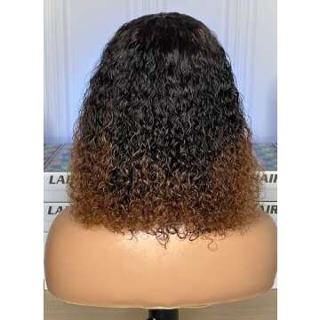 Labhairs Kinky Curly Bob Lace Closure Wigs Human Hair, Highlight Afro Short Bob Transparent Lace Wig Pre Plucked Bleached Knots, Ombre Brown 4x4 Lace Closure Brazilian Virgin Hair Wig (150% Density, 12 Inch)