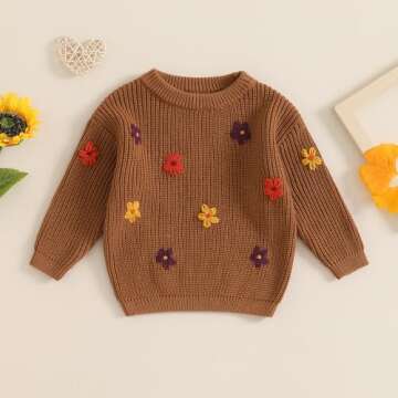 Pivanzore Baby Girl Boy Toddler Knit Sweater Cute Flower Round Neck Long Sleeve Pullover Oversized S...