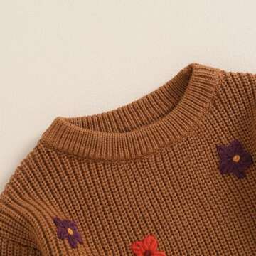 Pivanzore Baby Girl Boy Toddler Knit Sweater Cute Flower Round Neck Long Sleeve Pullover Oversized Sweatshirt Winter Warm Top (Floral Brown, 9-12 Months)