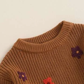 Pivanzore Baby Girl Boy Toddler Knit Sweater Cute Flower Round Neck Long Sleeve Pullover Oversized Sweatshirt Winter Warm Top (Floral Brown, 9-12 Months)