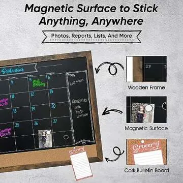 Loddie Doddie Rustic Framed Magnetic Calendar Chalkboard & Bulletin Combo Board - Large Blackboard, Cork Board, Large Chalkboard Calendar for Wall - Organize Your Space