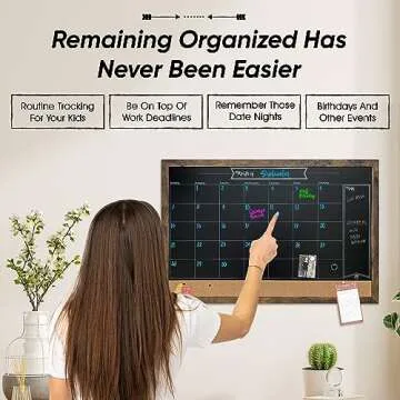 Loddie Doddie Rustic Framed Magnetic Calendar Chalkboard & Bulletin Combo Board - Large Blackboard, Cork Board, Large Chalkboard Calendar for Wall - Organize Your Space