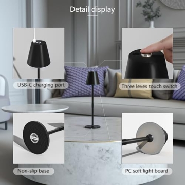 Timjorman Modern LED Cordless Table Lamp, 4000mAh Rechargeable Battery, 3 Level Brightness Night Light, Metal Shell, Minimalist Design, for Couples Dinner/Coffee Table/Restaurant/Bedroom, Black