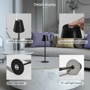 Timjorman Modern LED Cordless Table Lamp, 4000mAh Rechargeable Battery, 3 Level Brightness Night Light, Metal Shell, Minimalist Design, for Couples Dinner/Coffee Table/Restaurant/Bedroom, Black