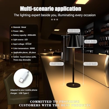 Timjorman Modern LED Cordless Table Lamp, 4000mAh Rechargeable Battery, 3 Level Brightness Night Light, Metal Shell, Minimalist Design, for Couples Dinner/Coffee Table/Restaurant/Bedroom, Black