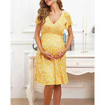 Adorel Maternity Dress Midi Ruffle V-Neck Flowy Smocked Empire Waist Casual Pregnant Outfit Baby Sho...