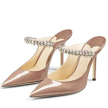 MIRAAZZURRA Women Heeled Mules Rhinestone Strappy Pointed Toe Mules Stiletto High Heels Slip On Brid...