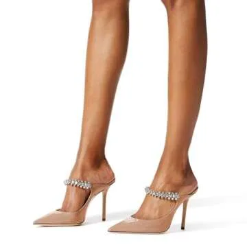 MIRAAZZURRA Women Heeled Mules Rhinestone Strappy Pointed Toe Mules Stiletto High Heels Slip On Bridal Sandals for Women 4 inches US Size 8 Nude