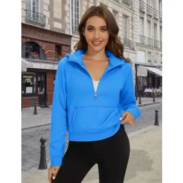 MAGCOMSEN Women's Half Zip Pullover Fleece Quarter Zip Hooded Sweatshirt Athletic Running Gym Hoodies Casual Ice Blue,S