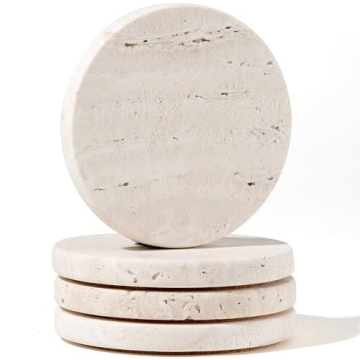 White Travertine Coasters - Set of 4 Round 4” Diameter Drink Marble Coasters for Housewarming Gift...