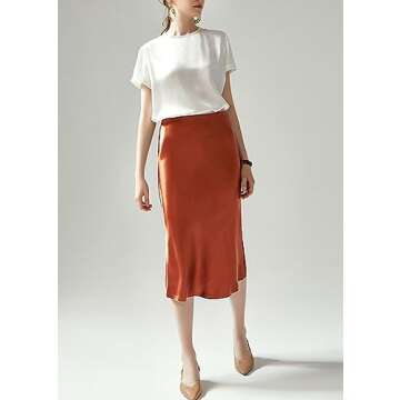 Keasmto Brown Skirt for Women Midi Length High Waist Silk Satin Elasticized Summer Casual Skirts S