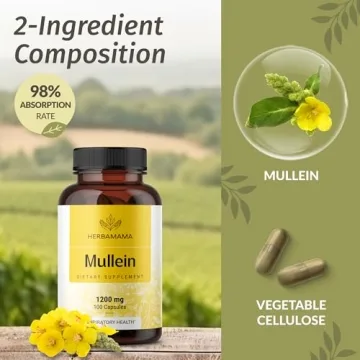 HERBAMAMA Mullein Leaf Capsules - 1200mg Mullein Leaves for Lung Detox & Cleanse - Vegan, Non-GMO Respiratory Lung Support Supplement, 100 Caps