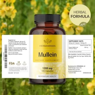 HERBAMAMA Mullein Leaf Capsules - 1200mg Mullein Leaves for Lung Detox & Cleanse - Vegan, Non-GMO Respiratory Lung Support Supplement, 100 Caps