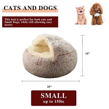 KWEWIK Cat Bed Round Soft Plush Burrowing Cave Hooded Cat Bed Donut for Dogs & Cats, Faux Fur Cuddle...