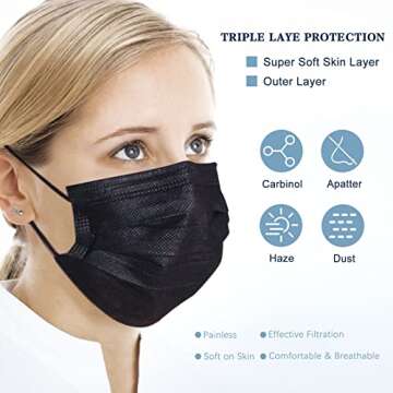 SOOQOO Masks Disposable 100Pcs,with Elastic Loop, Breathable Comfort, 3-Ply Masks, Waterproof, Adjustable Clip, Skin-Friendly Fabric (Black)