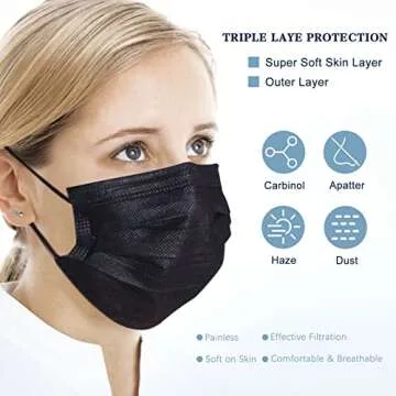SOOQOO Masks Disposable 100Pcs,with Elastic Loop, Breathable Comfort, 3-Ply Masks, Waterproof, Adjustable Clip, Skin-Friendly Fabric (Black)