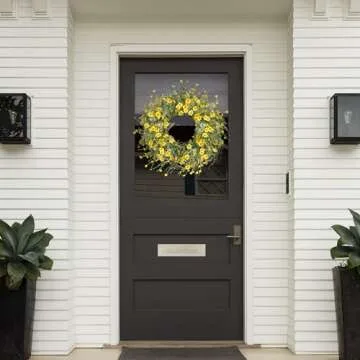 Sggvecsy Yellow Daisy Wreath 24 Inch Spring Summer Wreath Fake Silk Floral Wreath with Green Eucalyptus Leaves and Lavender for Front Door Window Wall Wedding Farmhouse Festival Decor