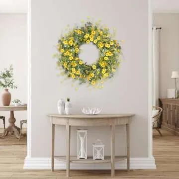 Sggvecsy Yellow Daisy Wreath 24 Inch Spring Summer Wreath Fake Silk Floral Wreath with Green Eucalyptus Leaves and Lavender for Front Door Window Wall Wedding Farmhouse Festival Decor