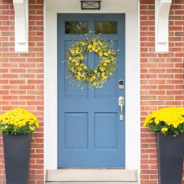 Sggvecsy Yellow Daisy Wreath 24 Inch Spring Summer Wreath Fake Silk Floral Wreath with Green Eucalyptus Leaves and Lavender for Front Door Window Wall Wedding Farmhouse Festival Decor