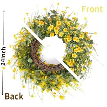 Sggvecsy Yellow Daisy Wreath 24 Inch Spring Summer Wreath Fake Silk Floral Wreath with Green Eucalyptus Leaves and Lavender for Front Door Window Wall Wedding Farmhouse Festival Decor