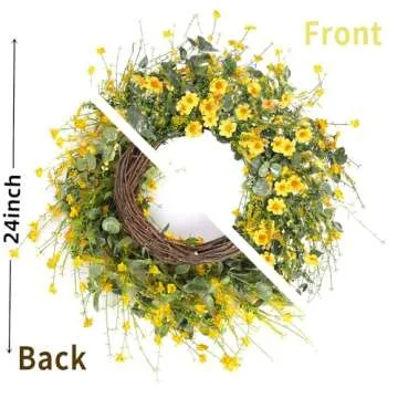 Sggvecsy Yellow Daisy Wreath 24 Inch Spring Summer Wreath Fake Silk Floral Wreath with Green Eucalyptus Leaves and Lavender for Front Door Window Wall Wedding Farmhouse Festival Decor