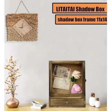 LITAITAI 11 x 14inch Shadow Box Frame with 1 Drawer 3 Removable Shelfs–Wooden Acrylic Display Cases, for Wall Mount and Tabletop Display Picture Flower Keepsake (Carbon)