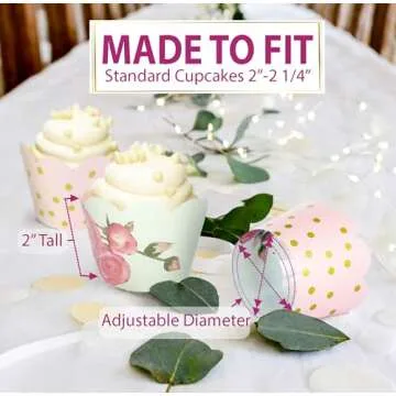 Cupcake Wrappers - Blush Pink & Gold Floral Wedding, Vintage Rose Bridal & Baby Shower Decorations, Fairytale Princess Birthday Party, Girl Gender Reveal, Reversible Dessert Wrap, Romantic (24 Count)