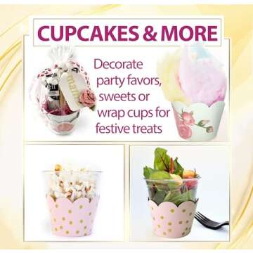 Cupcake Wrappers - Blush Pink & Gold Floral Wedding, Vintage Rose Bridal & Baby Shower Decorations, Fairytale Princess Birthday Party, Girl Gender Reveal, Reversible Dessert Wrap, Romantic (24 Count)