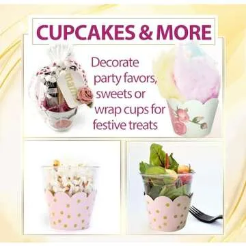 Cupcake Wrappers - Blush Pink & Gold Floral Wedding, Vintage Rose Bridal & Baby Shower Decorations, Fairytale Princess Birthday Party, Girl Gender Reveal, Reversible Dessert Wrap, Romantic (24 Count)