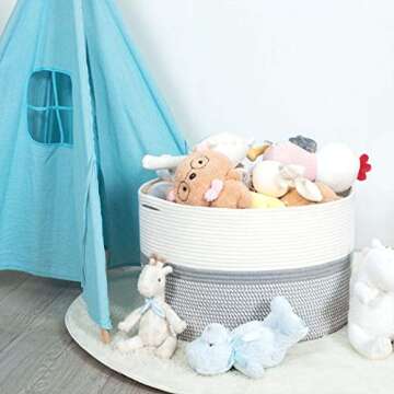 MINTWOOD Design Extra Large 22 x14 Inches Decorative Woven Cotton Rope Storage Basket, Laundry Basket, Blanket Basket, Dog Toy Storage Baskets Bin, Laundry Hamper, Towel Basket, Light Grey Mix