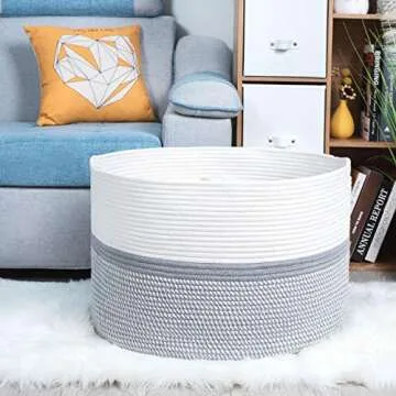 MINTWOOD Design Extra Large 22 x14 Inches Decorative Woven Cotton Rope Storage Basket, Laundry Basket, Blanket Basket, Dog Toy Storage Baskets Bin, Laundry Hamper, Towel Basket, Light Grey Mix