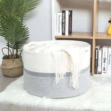 MINTWOOD Design Extra Large 22 x14 Inches Decorative Woven Cotton Rope Storage Basket, Laundry Basket, Blanket Basket, Dog Toy Storage Baskets Bin, Laundry Hamper, Towel Basket, Light Grey Mix
