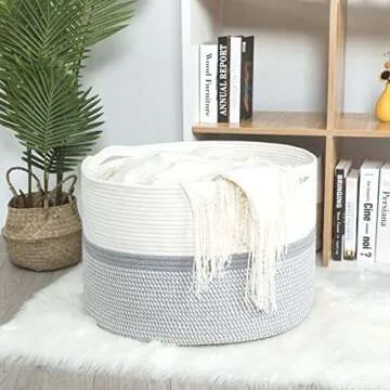 MINTWOOD Design Extra Large 22 x14 Inches Decorative Woven Cotton Rope Storage Basket, Laundry Basket, Blanket Basket, Dog Toy Storage Baskets Bin, Laundry Hamper, Towel Basket, Light Grey Mix