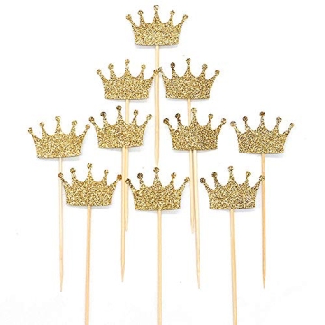 Hongkai 24PCS Gold Glitter Powder Crown Themed Cake Toppers Cupcake Kids Happy Birthday Gender Revea...
