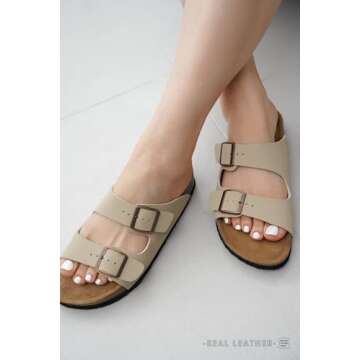 Project Cloud Genuine Leather Flat Sandals Beach Essentials Womens Sandals Memory Foam Vacation Essentials Slides for Women Footwear (Venita, Beige, 5.5)