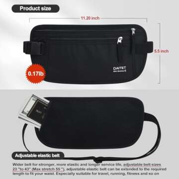 DAITET Money Belt - Passport Holder Secure Hidden Travel Wallet with RFID Blocking, Undercover Fanny Pack (Black)